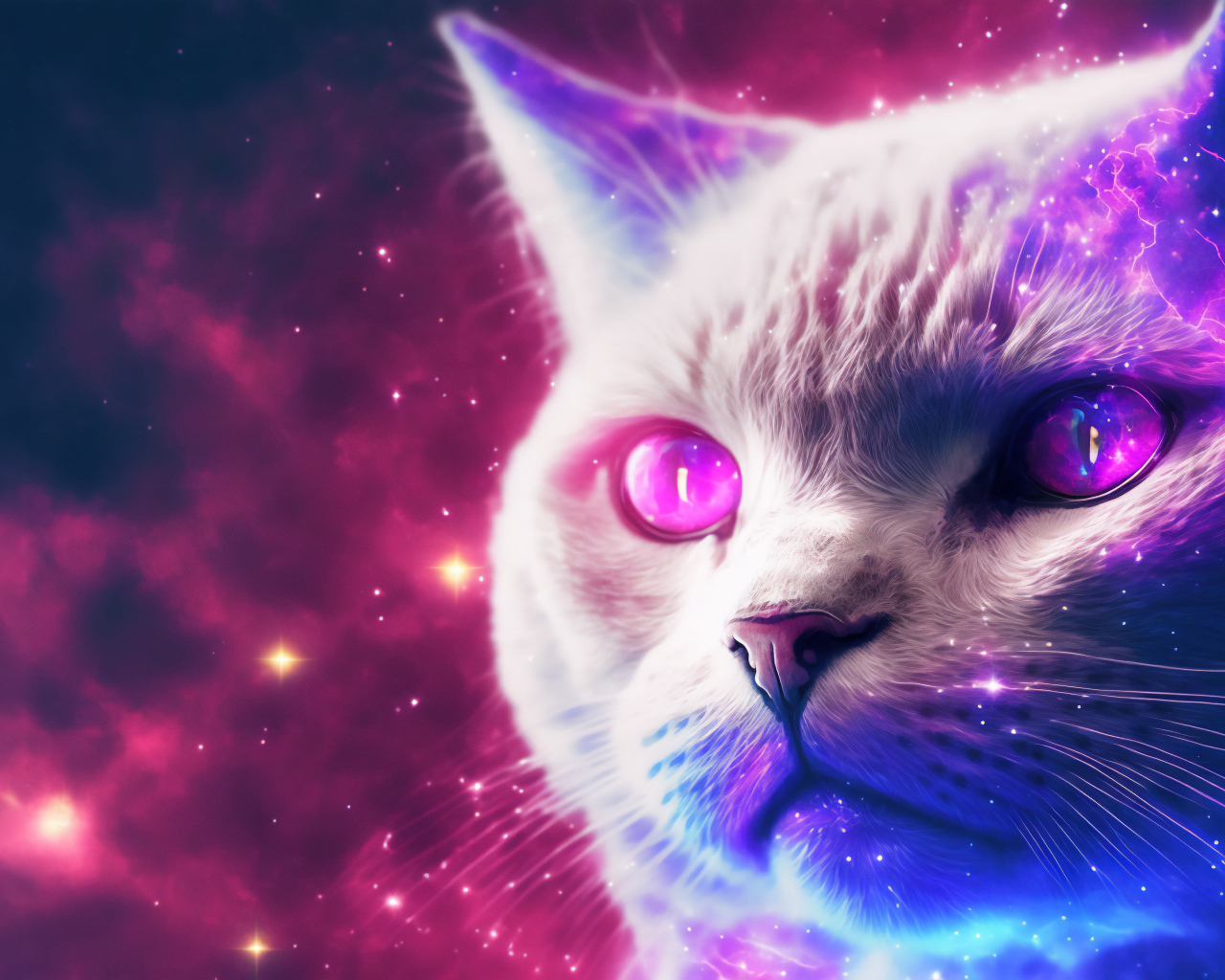 Нарисованный белый неоновый кот 