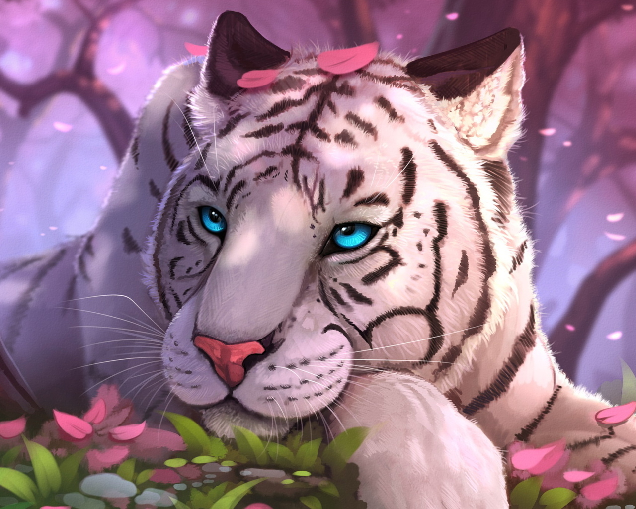 Нарисованный белый тигр с голубыми глазами