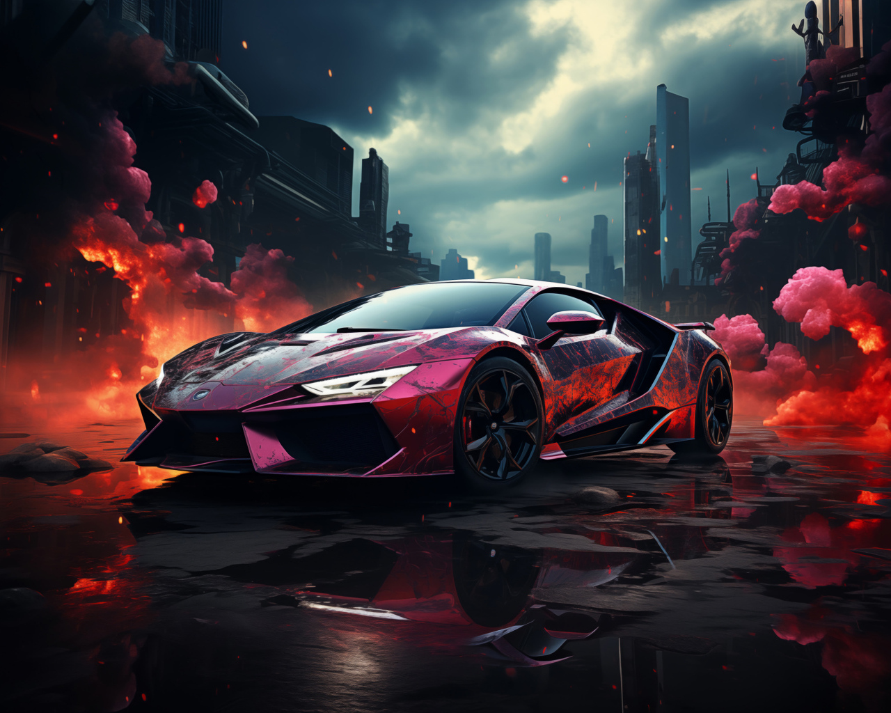 Спортивный автомобиль в красном дыму