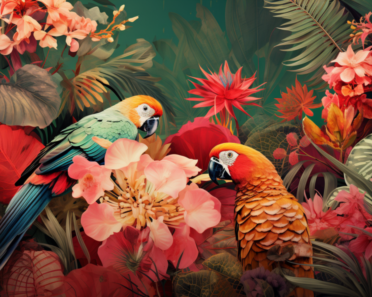 Два красивых попугая в цветах
