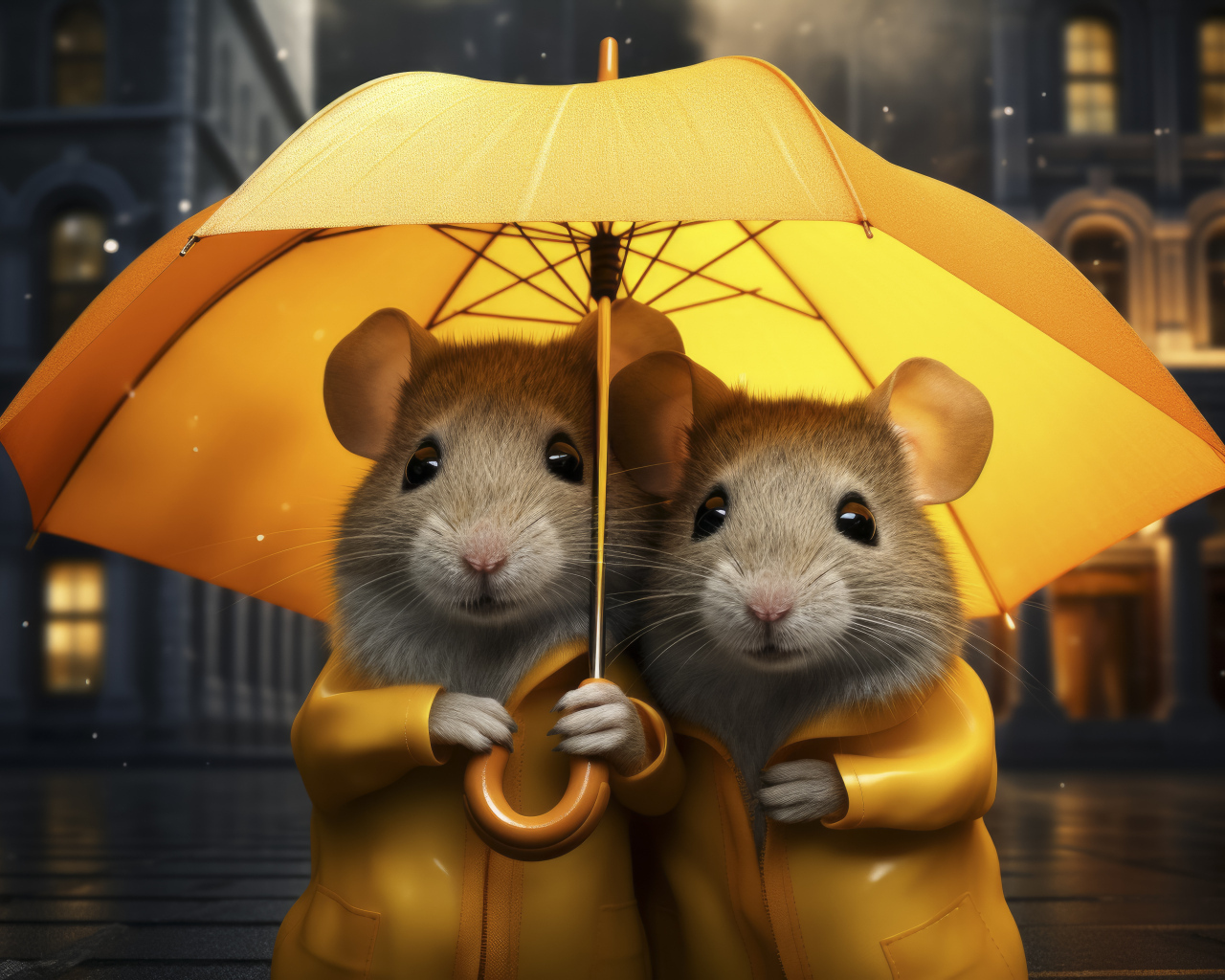 Две серые крысы под желтым зонтом