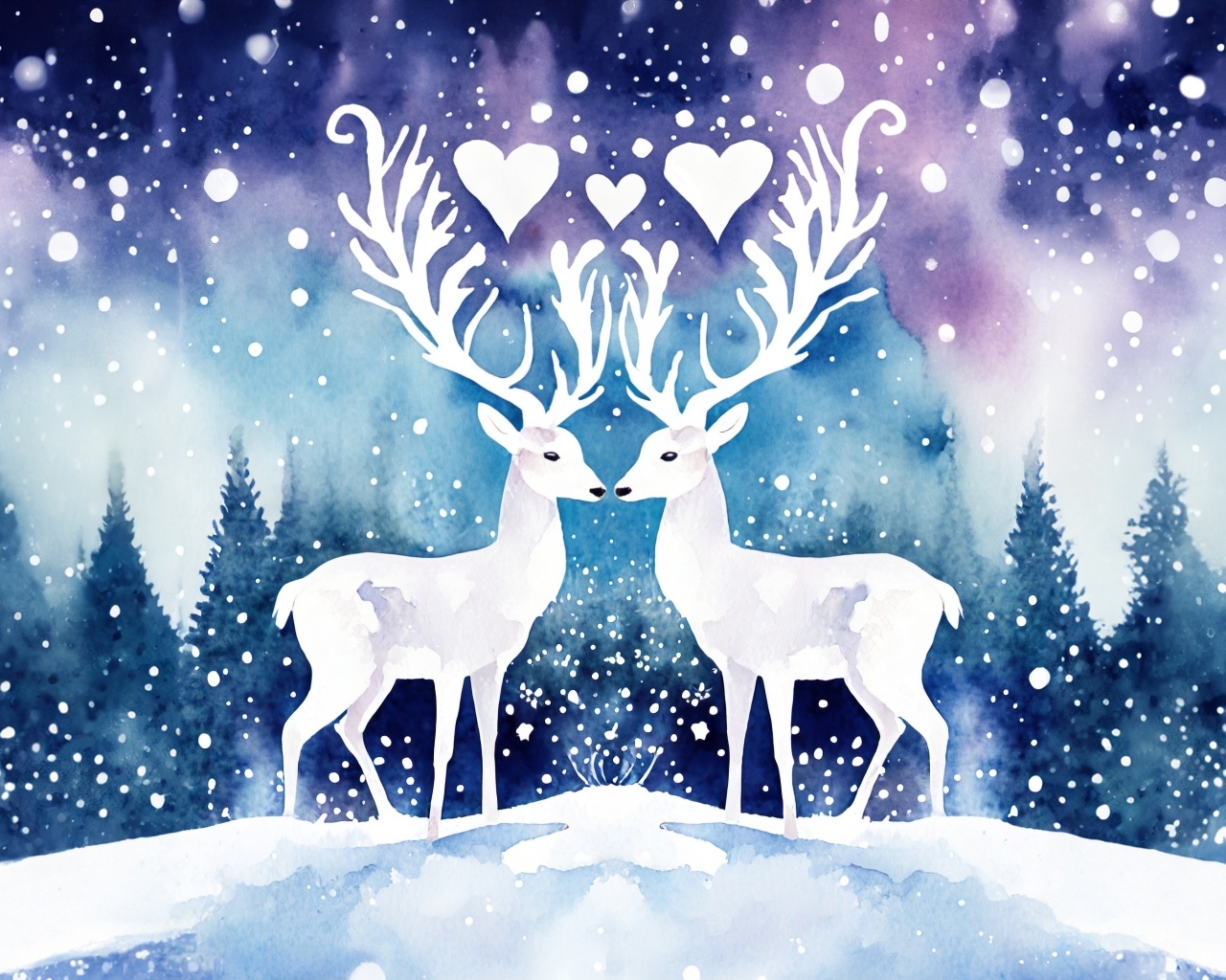 Два нарисованных оленя зимой