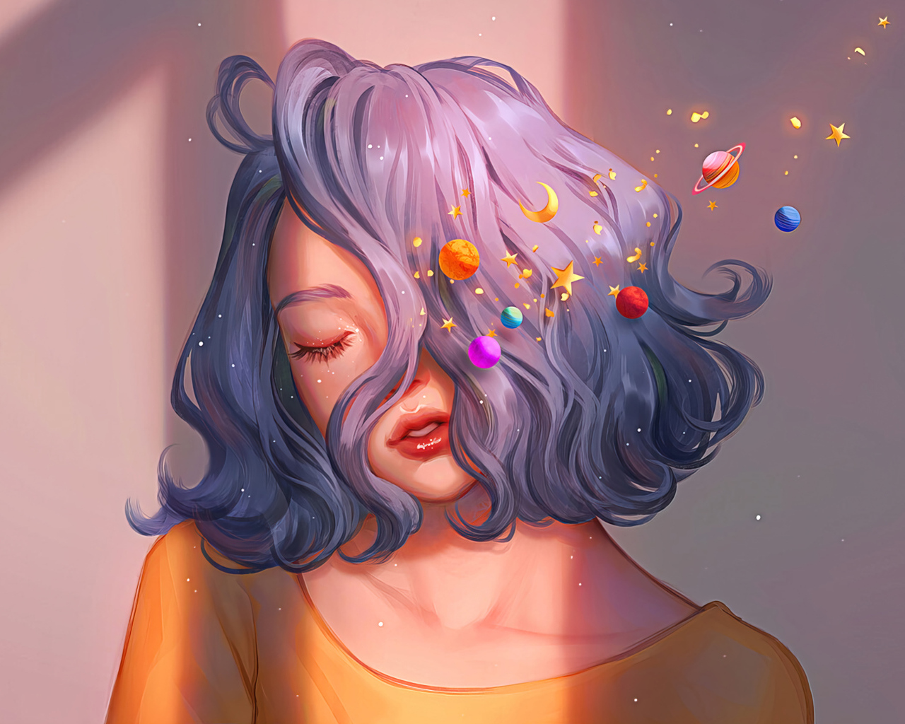 Красивая девушка с закрытыми глазами с фиолетовыми волосами