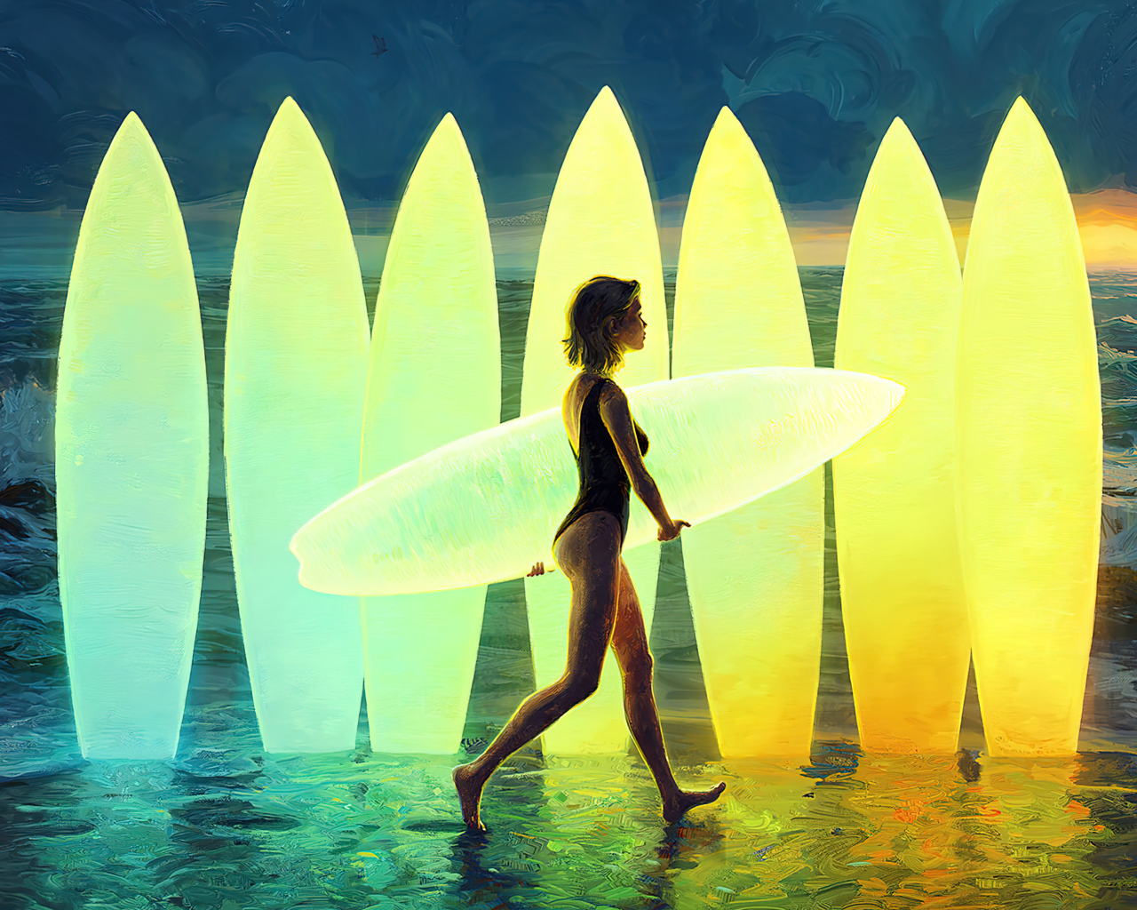 Девушка с доской для серфинга у моря