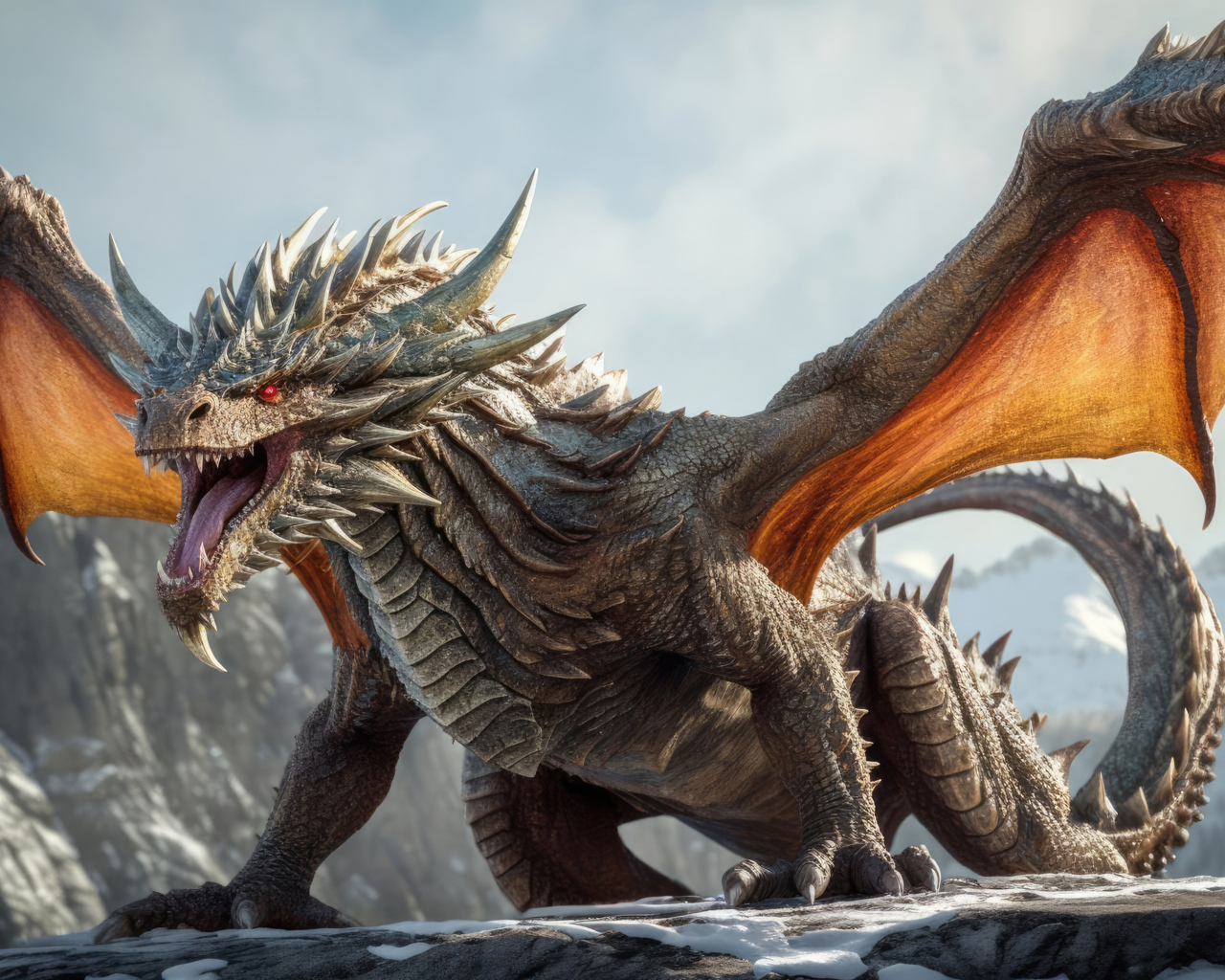Дракон с расправленными крыльями и широко открытой пастью на горе
