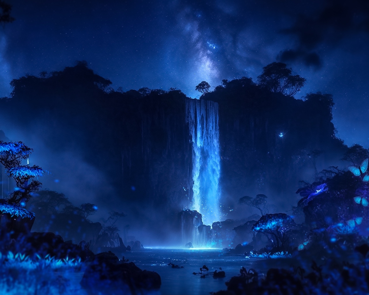 Фантастический водопад стекает с утеса в реку