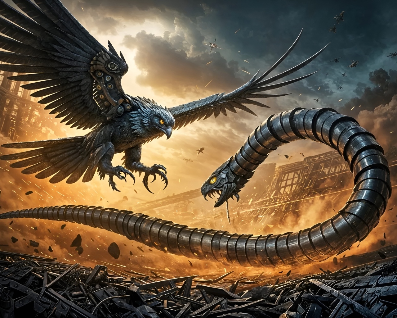 Бой в развалинах между роботом-птицей и роботом-змеей