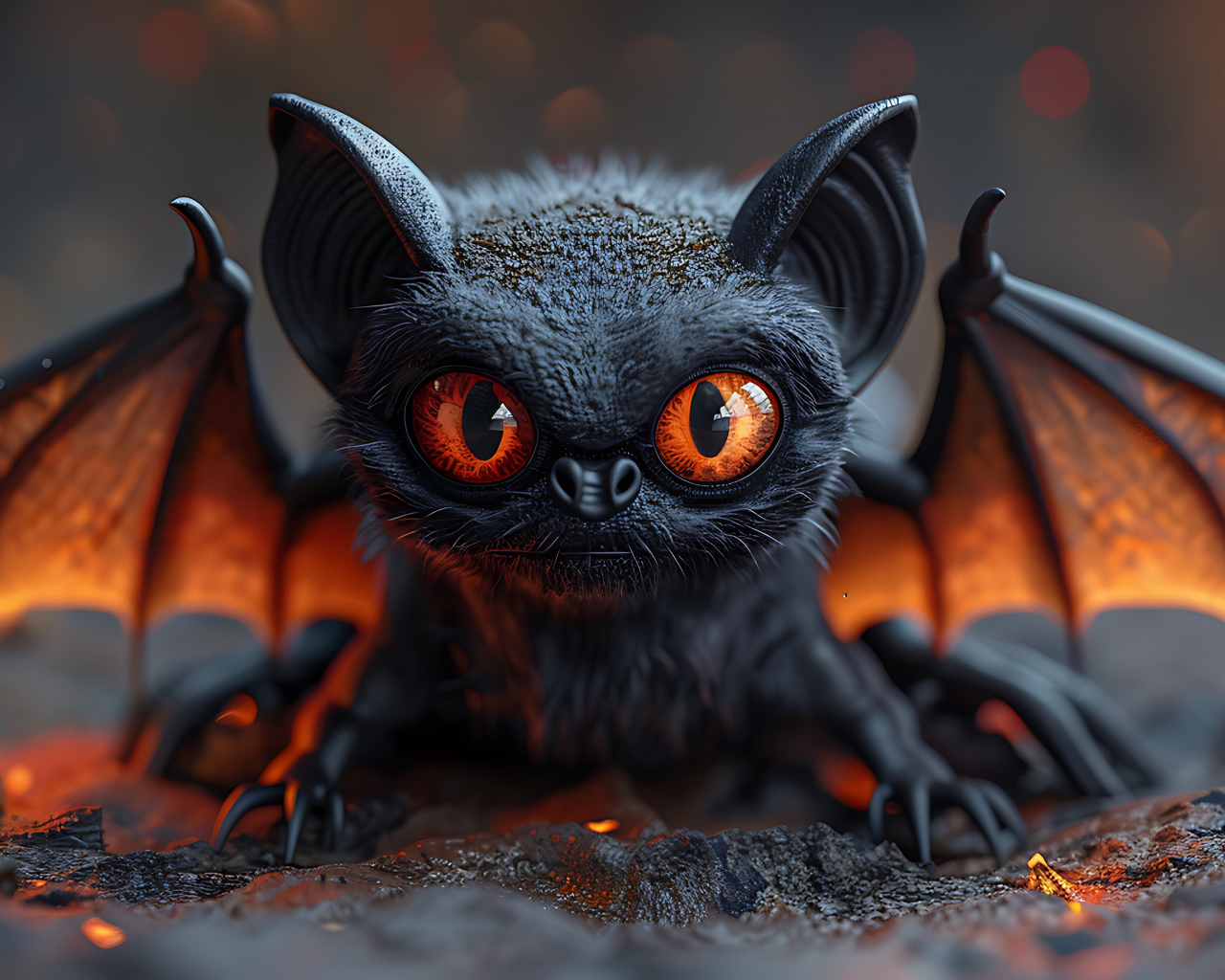 Маленькая летучая мышь с красными глазами расправила крылья