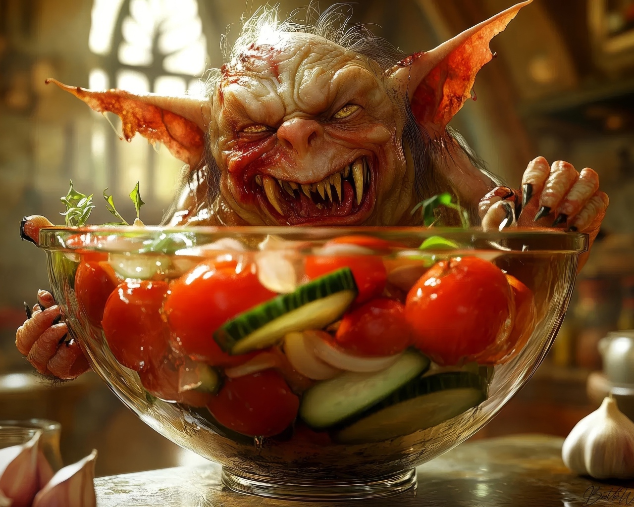 Маленький гремлин с острыми зубами стоит на кухонном столе с чашкой салата в руках