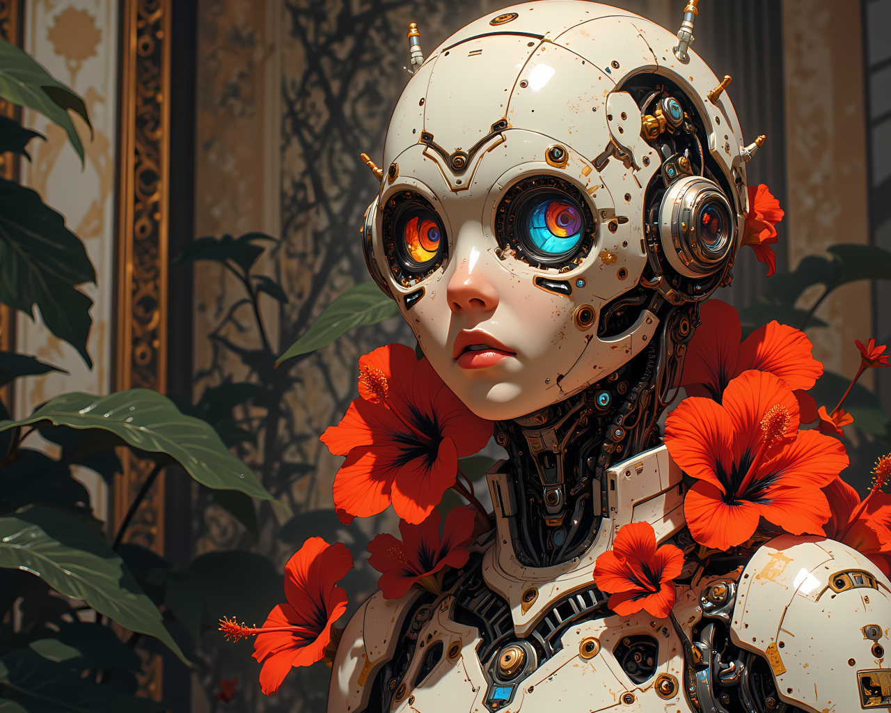 Андроид с большими глазами и телом на котором растут красные цветы