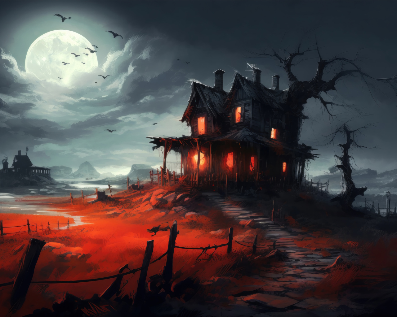 Зловещий черный дом на фоне яркой луны