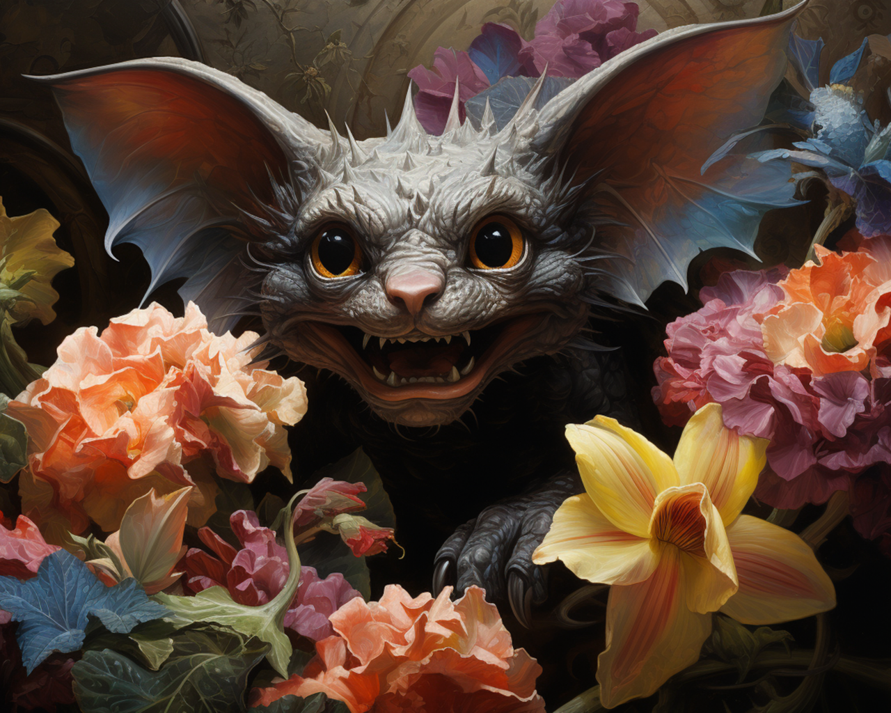 Злая летучая мышь в цветах