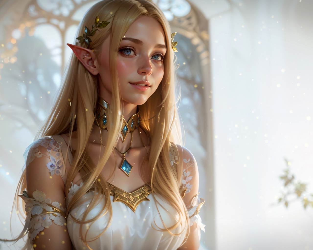 Красивая голубоглазая девушка эльф в белом платье