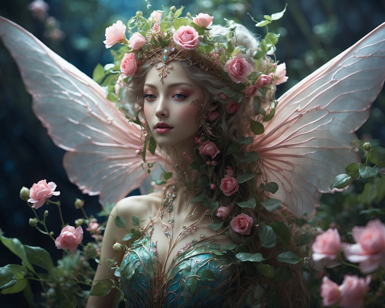 Красивая девушка фея с цветами на голове