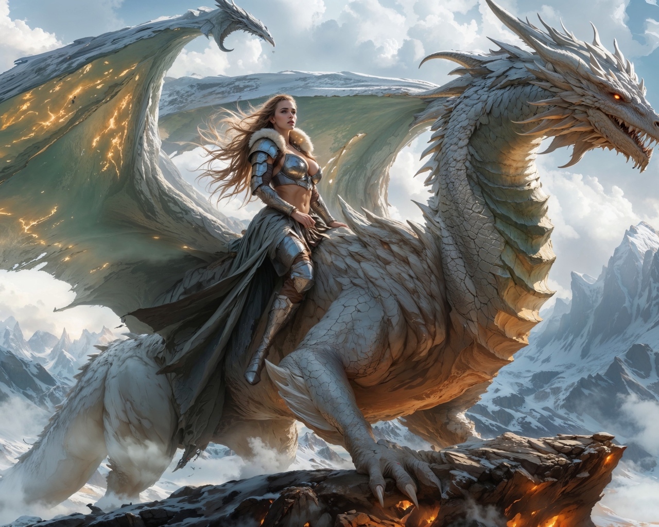 Красивая девушка воин верхом на драконе в горах