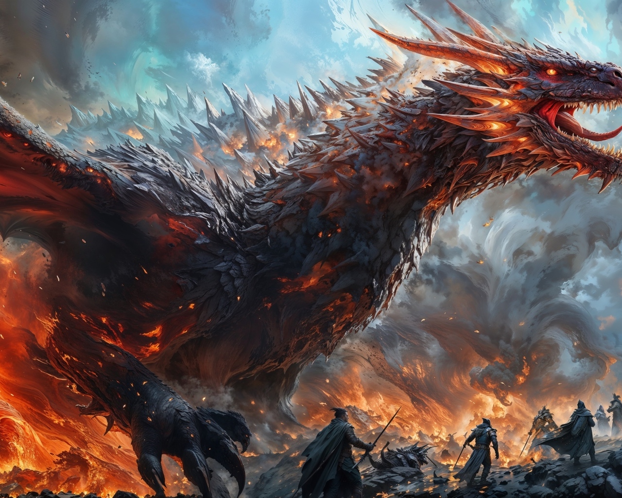 Большой злой дракон в огне с воинами