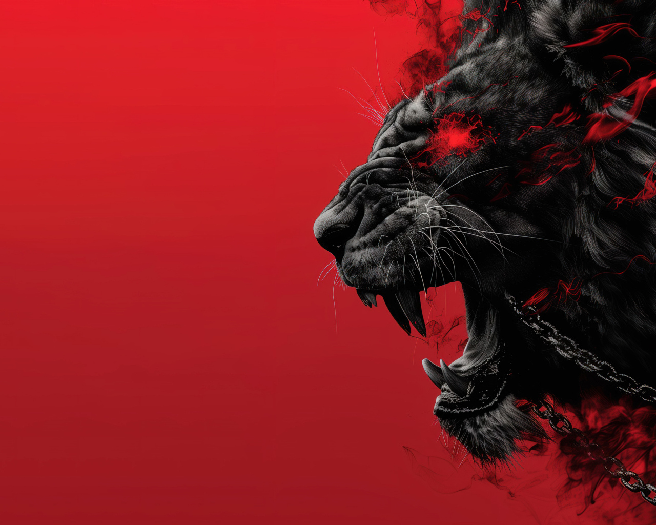 Черный демонический лев с цепями на красном фоне