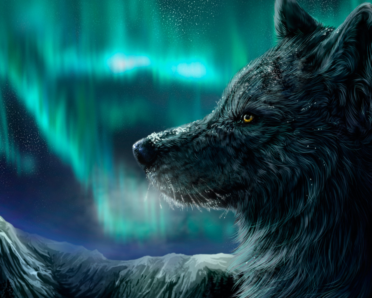 Черный фантастический волк на фоне полярного сияния