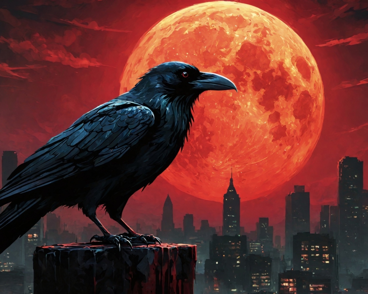 Черный ворон на фоне красной огненной луны