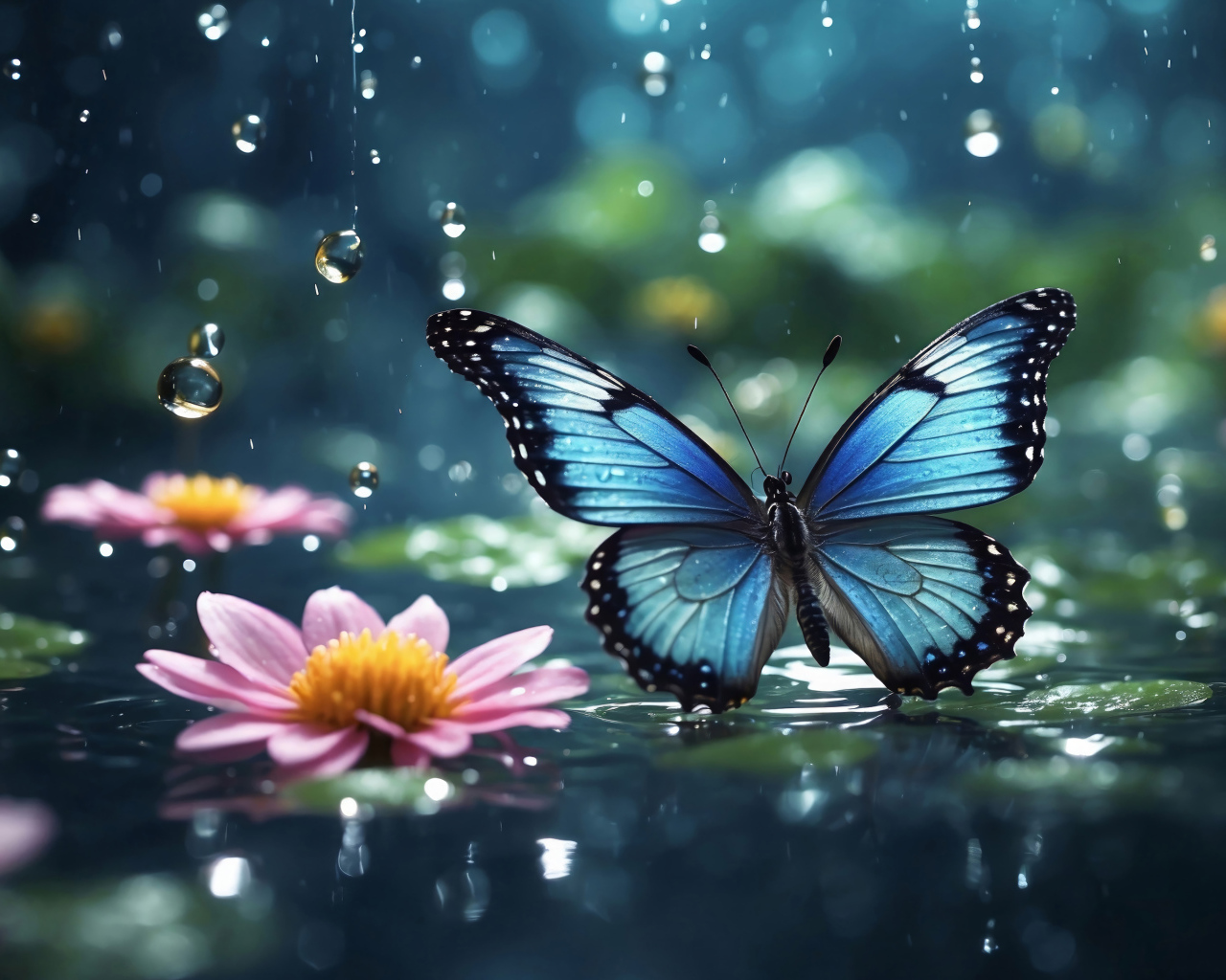 Голубая бабочка под дождем у розовых цветов