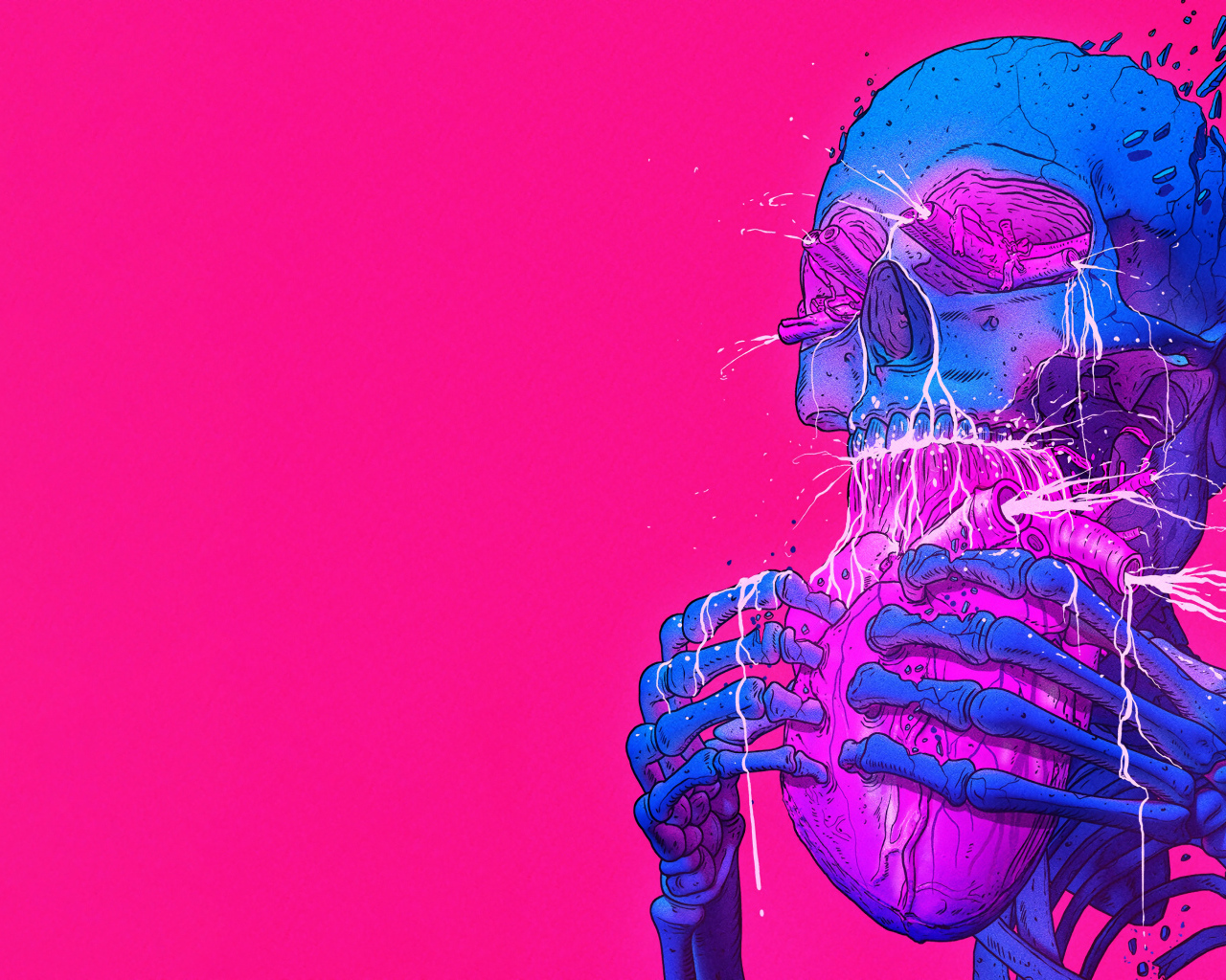 Синий скелет ест сердце на розовом фоне