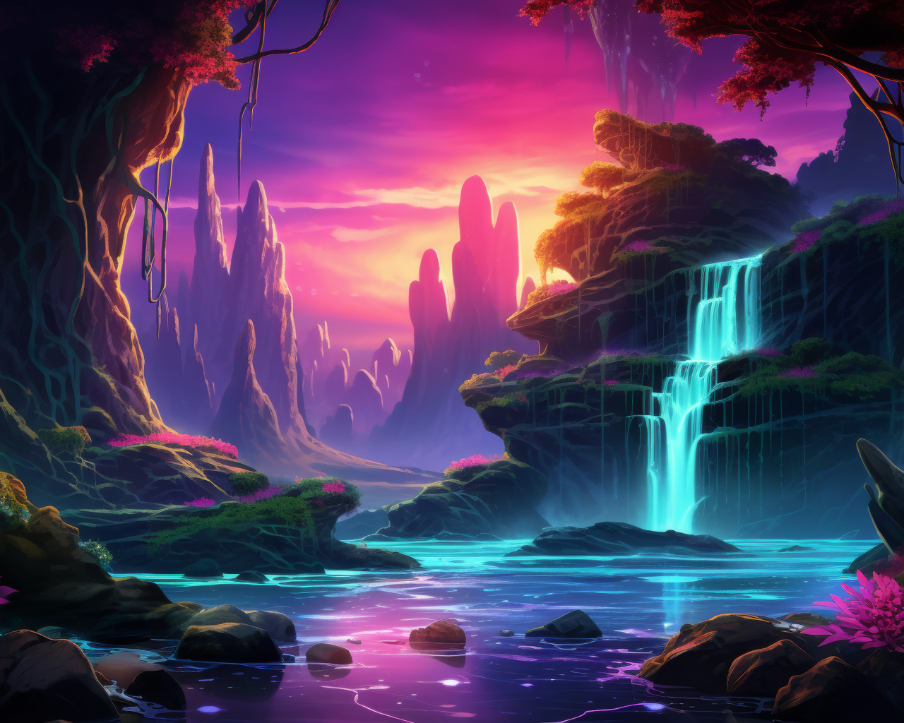 Голубая вода водопада стекает по камням