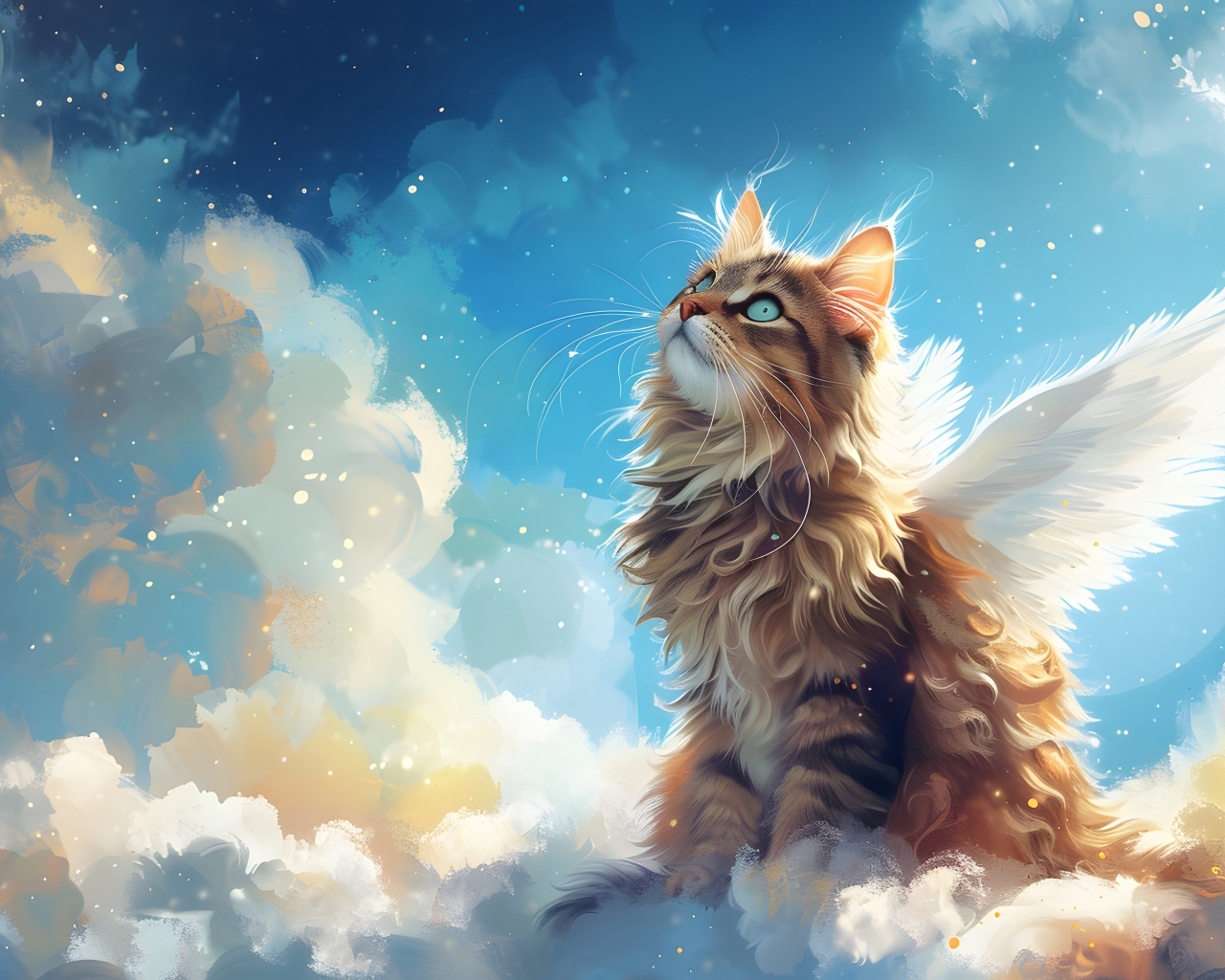 Кот - ангел с белыми крыльями сидит на облаке и смотрит вверх