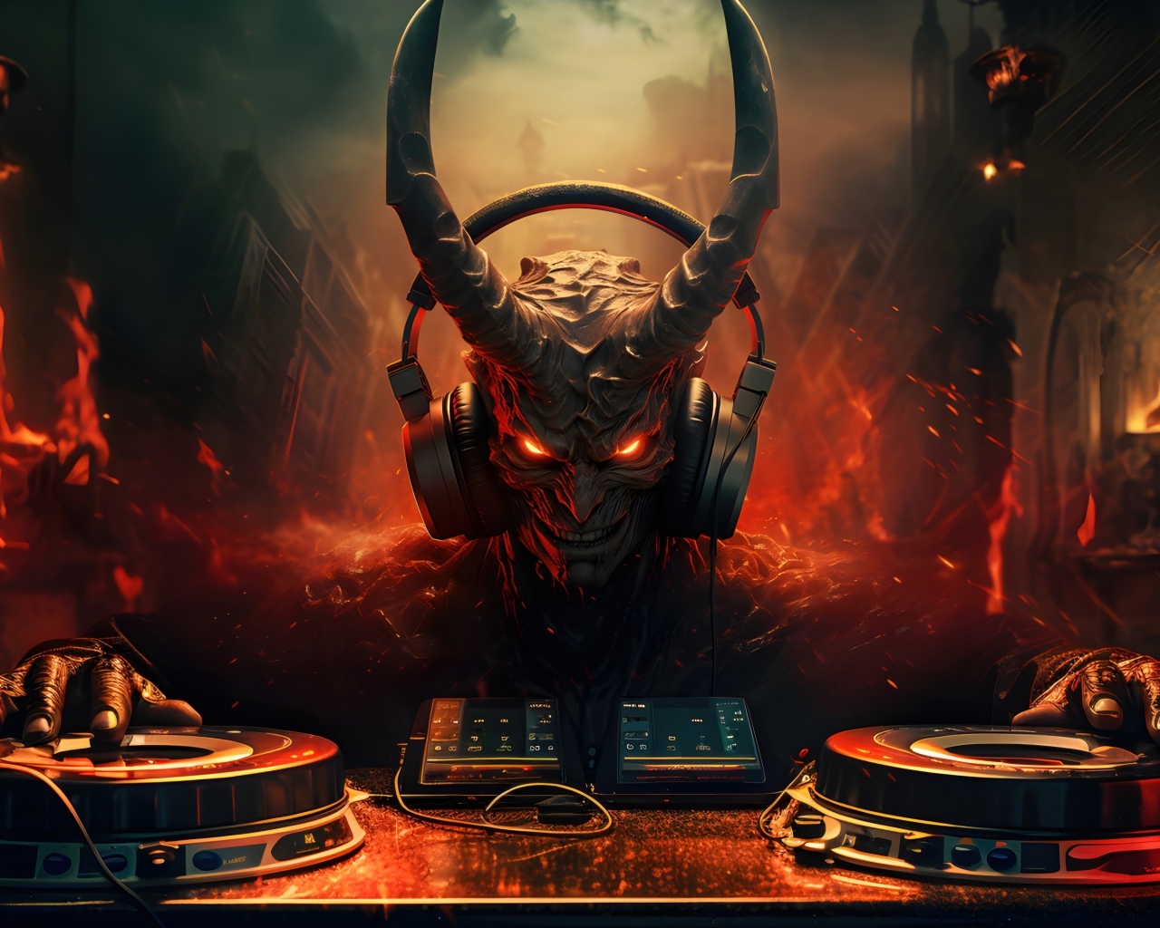 Демон диджей среди огня с большими наушниками