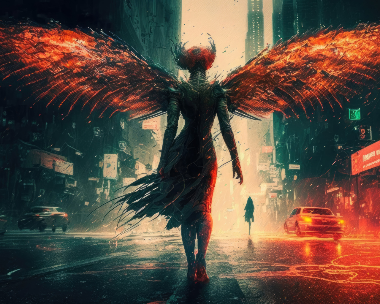 Девушка демон с крыльями на улице в городе