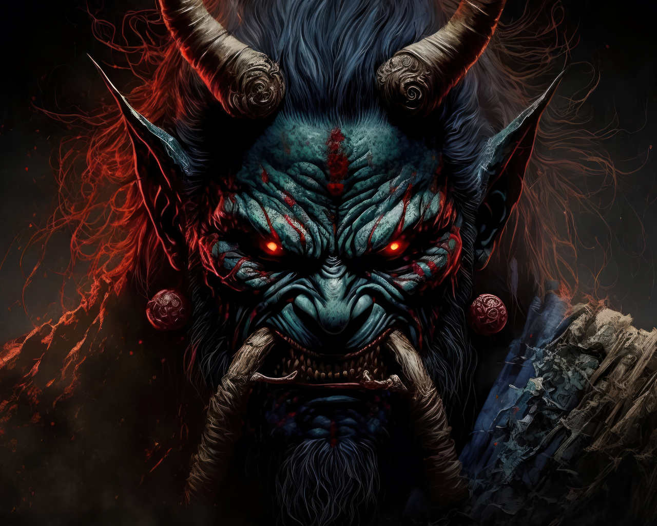 Демон с красными глазами крупным планом