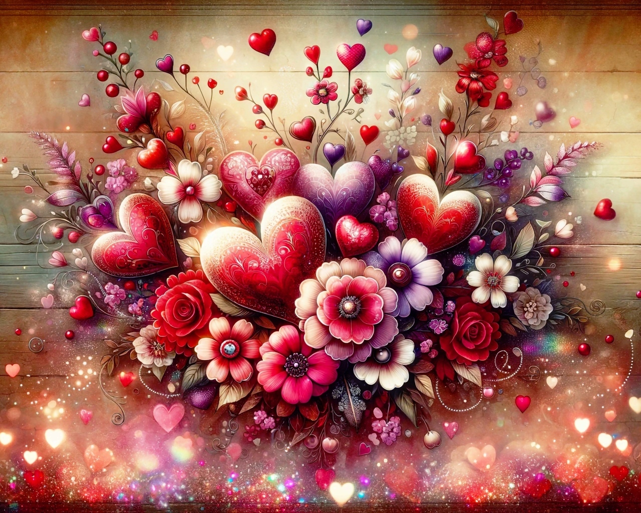 Нарисованные фантастические цветы с сердечками