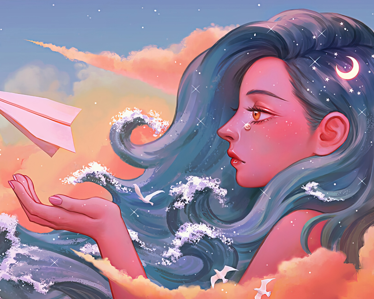Фантастическая длинноволосая девушка с бумажным корабликом