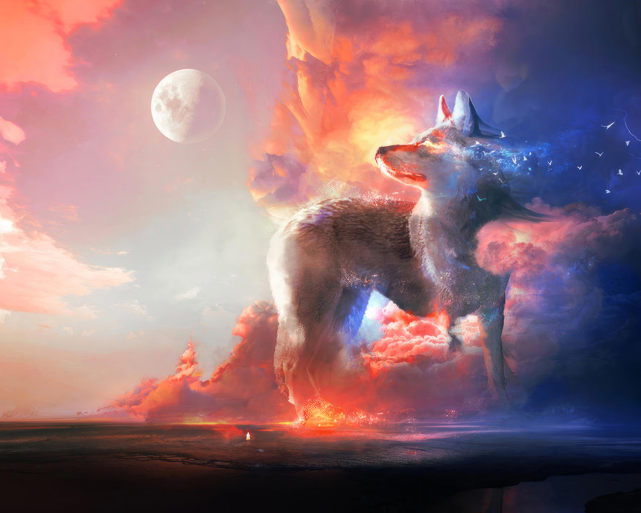 Фантастический неоновый волк на фоне луны