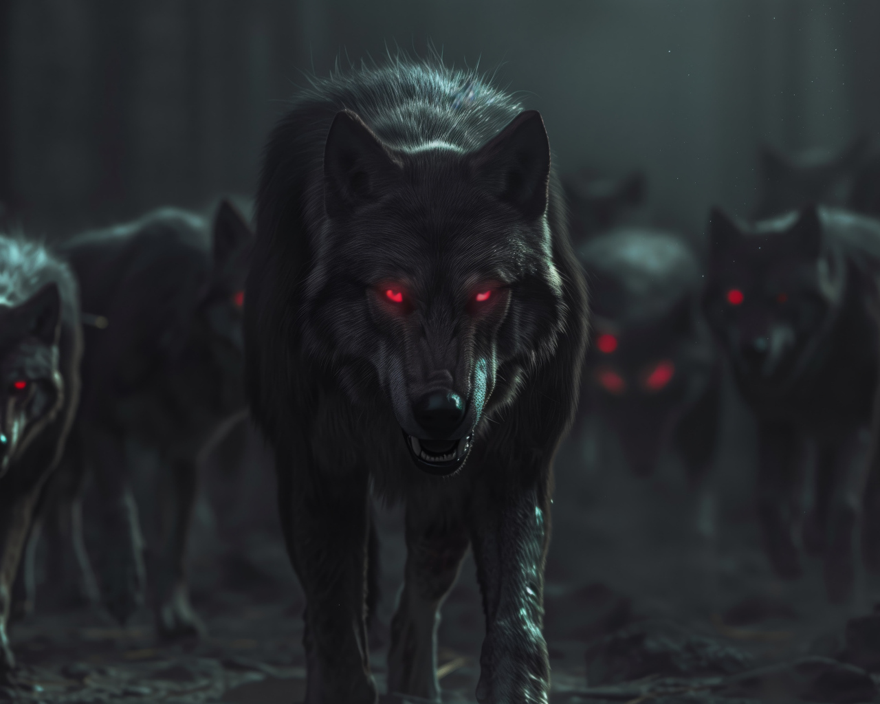 Фантастические волки с красными глазами