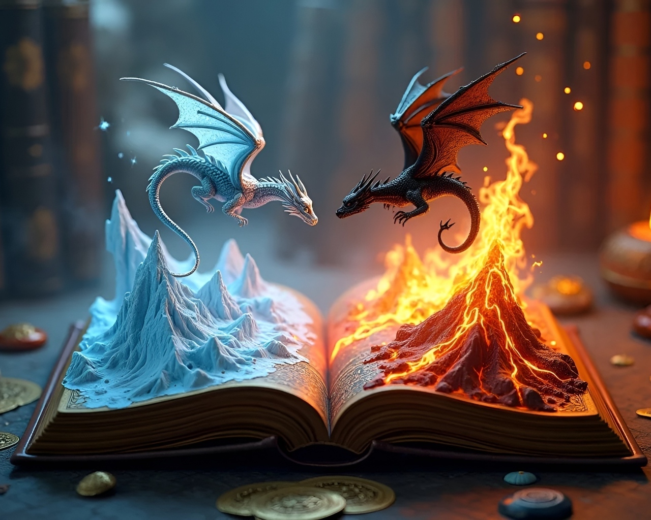 Огненный и снежный драконы парят над книгой