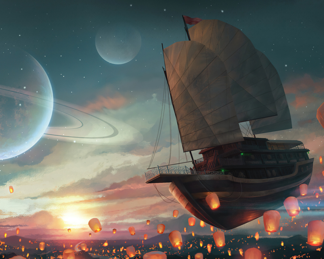 Летающий корабль в небе с китайскими фонариками