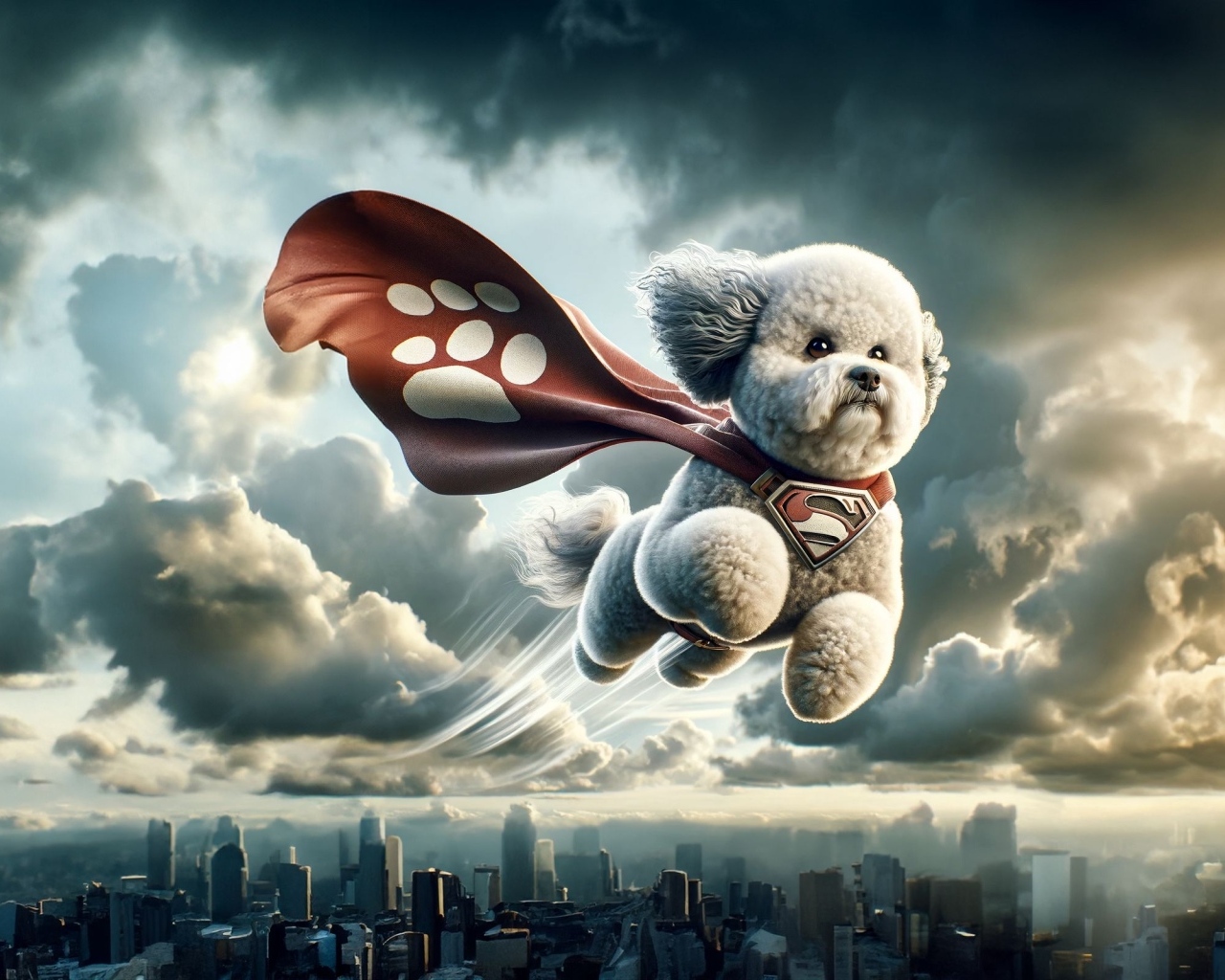 Летающая собака супергерой над городом