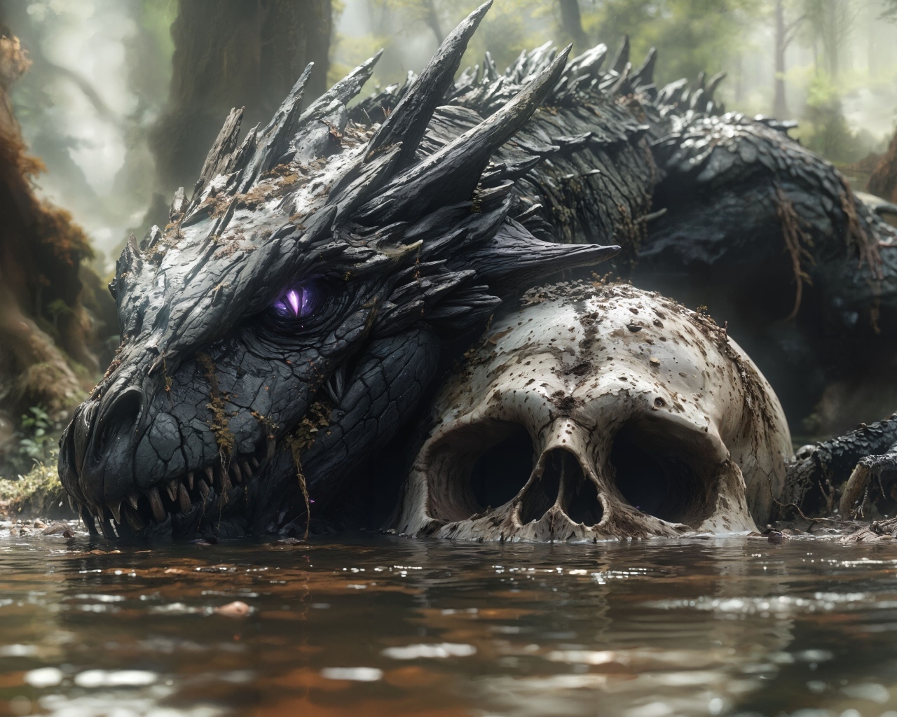 Лесной водяной монстр лежит в пруду на черепе