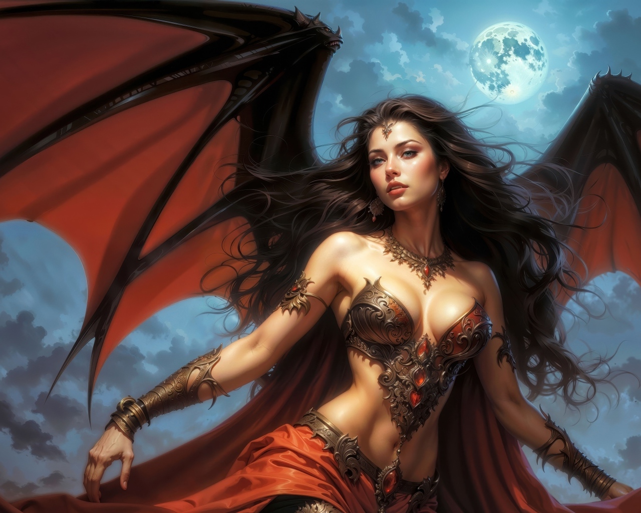 Девушка с крыльями на фоне неба с луной