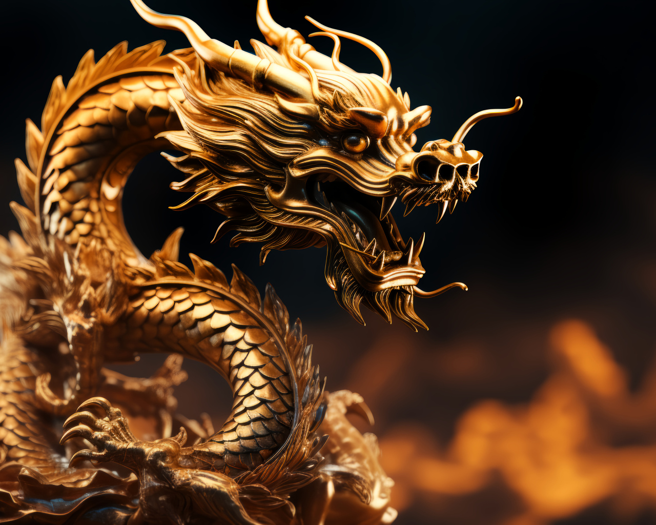 Золотой дракон на темном фоне