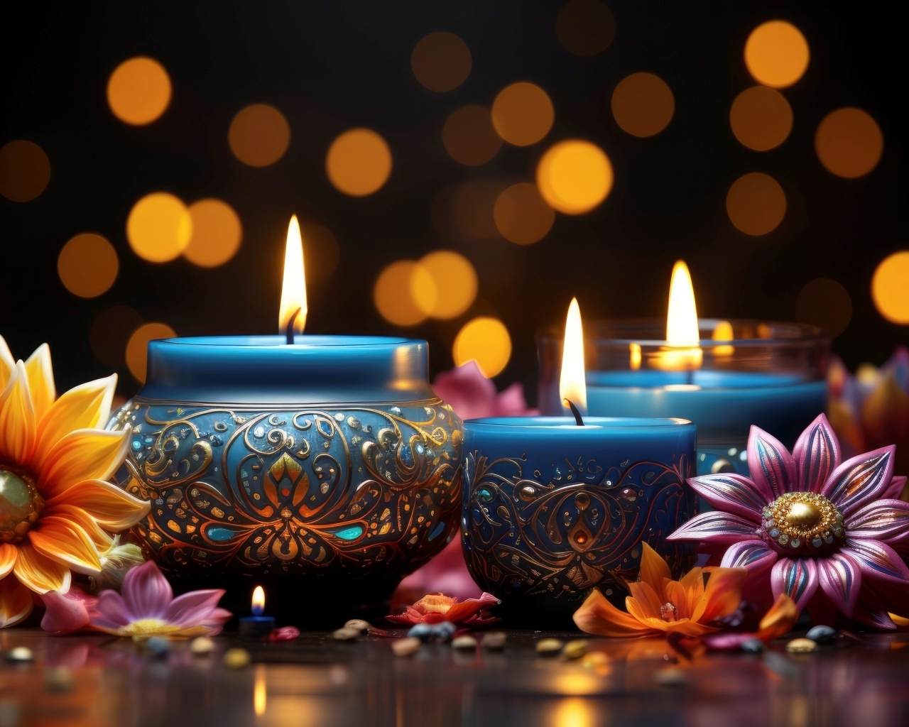 Зажженные красивые свечи с цветами на столе