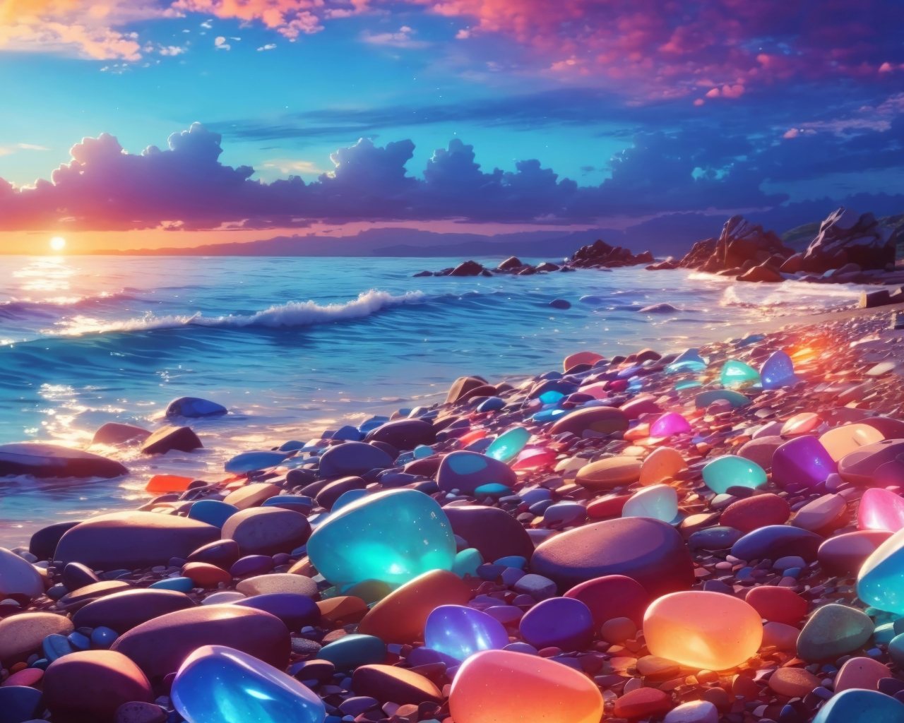 Разноцветные светящиеся камни на берегу моря