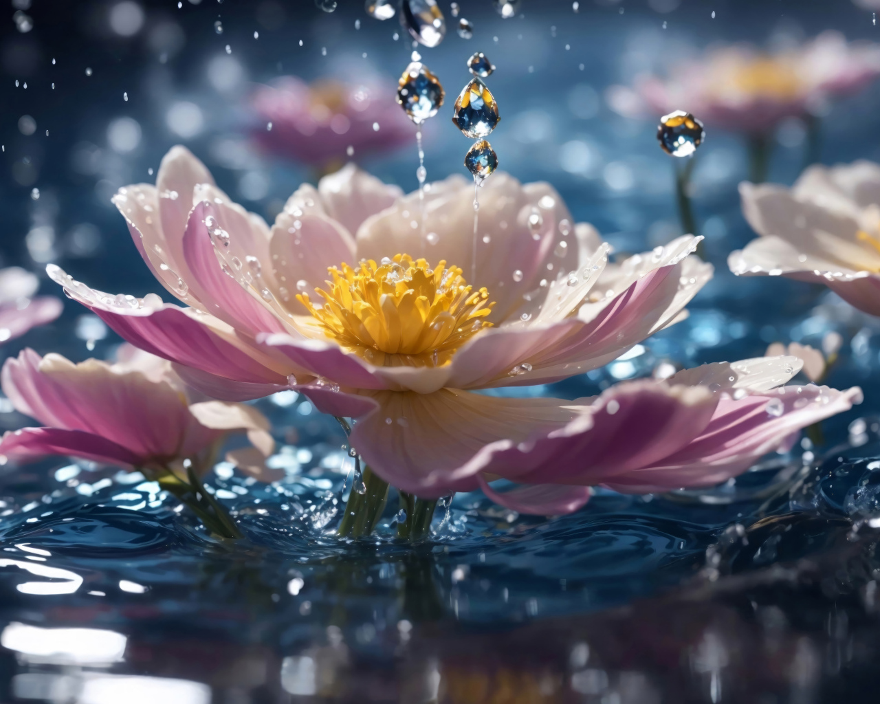 Розовые фантастические цветы в воде под дождем