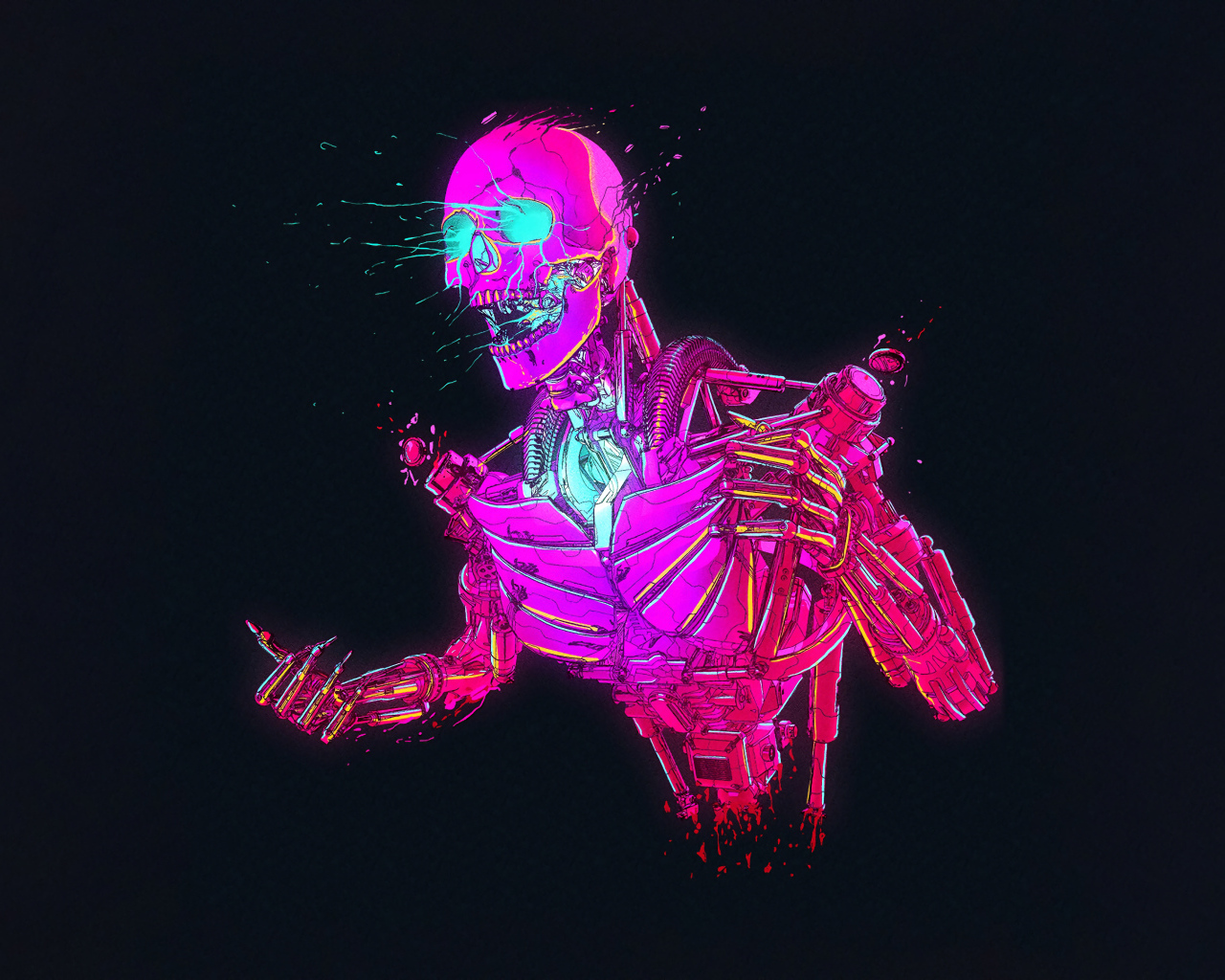 Розовый робот скелет на черном фоне