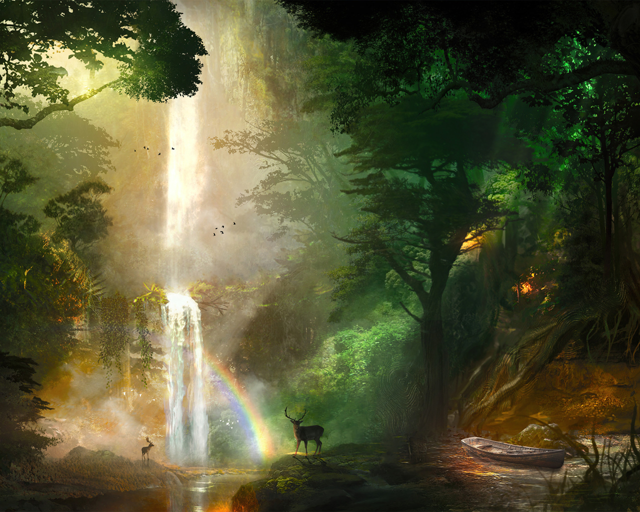 Радуга у высокого фантастического водопада в лесу