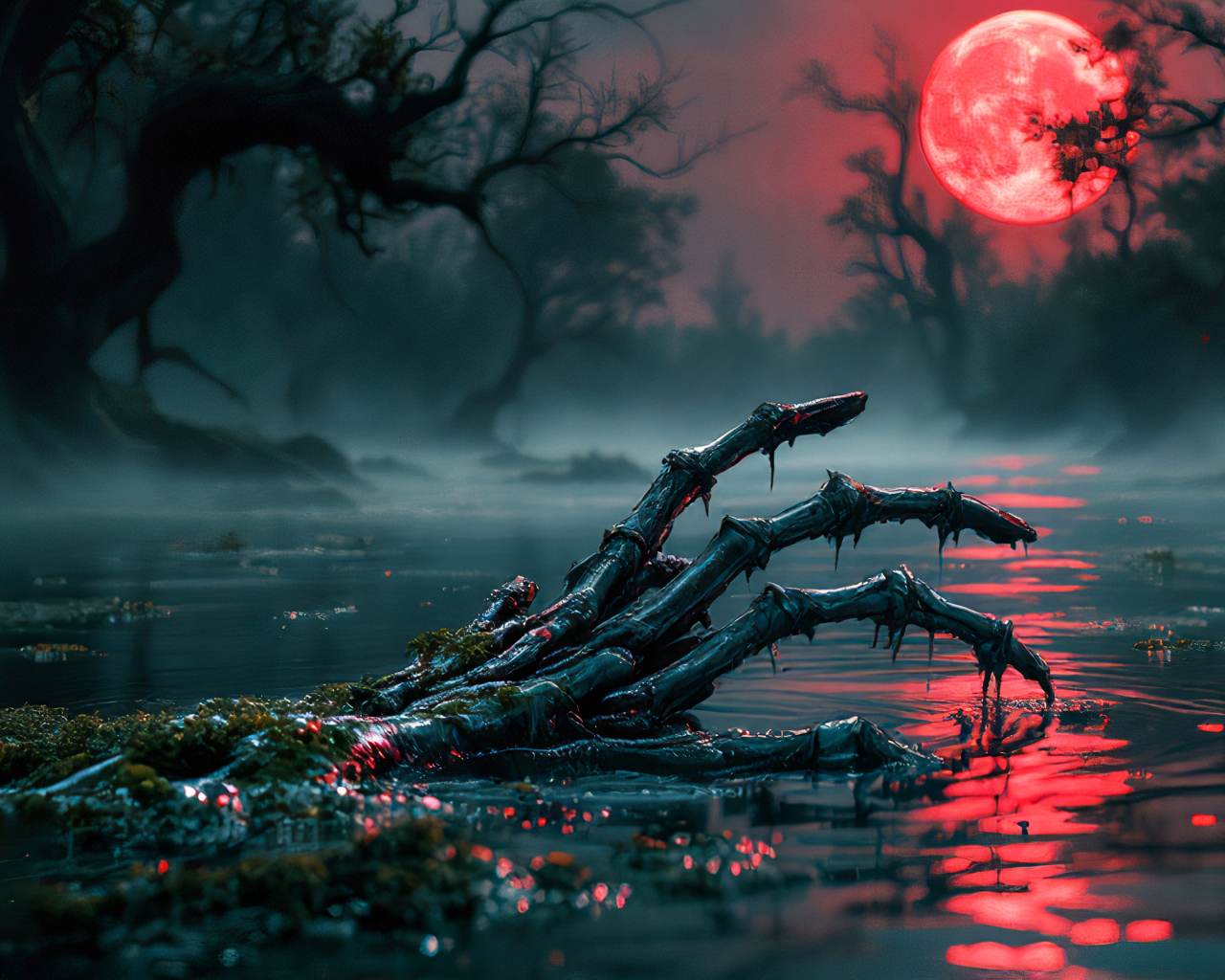 Рука скелета в воде на фоне красной луны