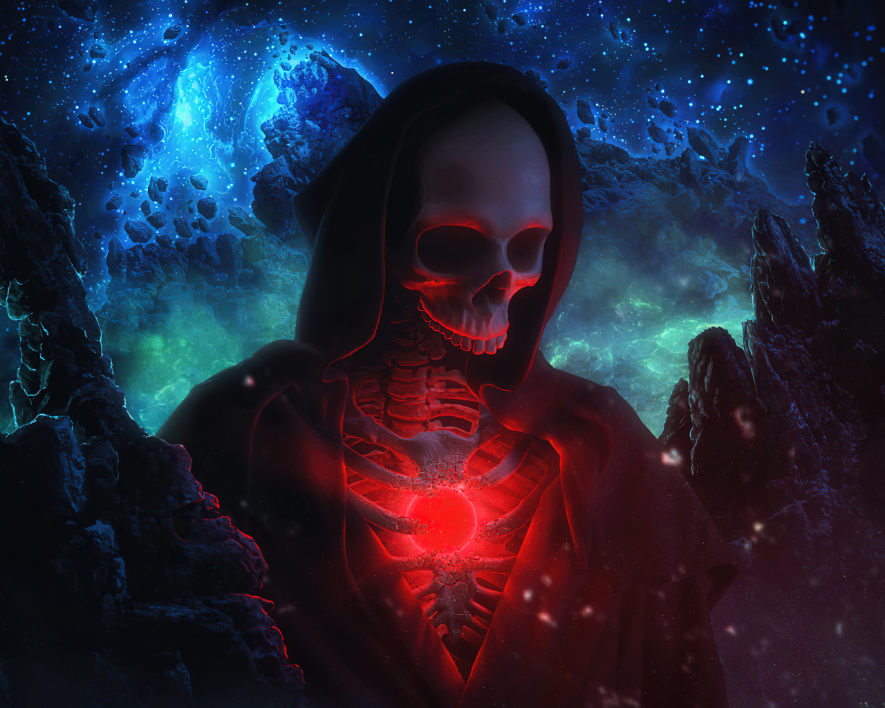 Скелет в черном плаще на фоне космического неба