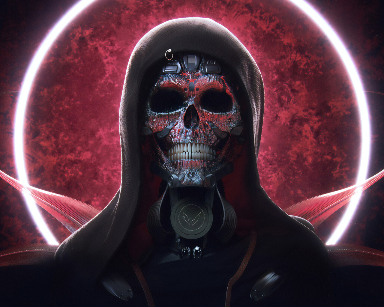 Скелет в плаще на фоне красного круга