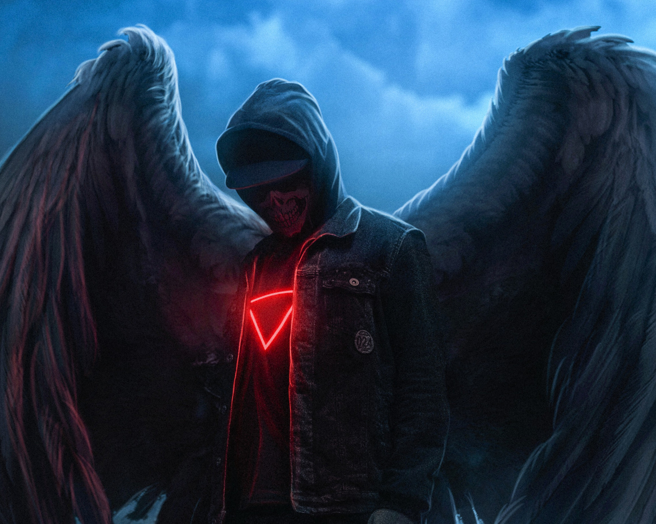 Скелет в куртке с большими крыльями ангела