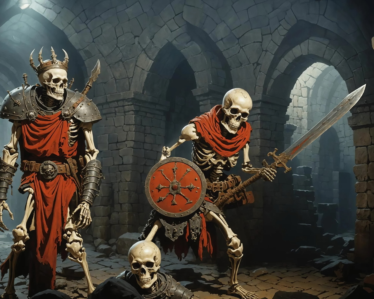 Скелеты в доспехах с оружием в руках в старинном замке